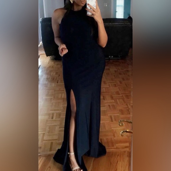 Macy's Dresses & Skirts - Elegant Navy Evening Gown with Halter Neck